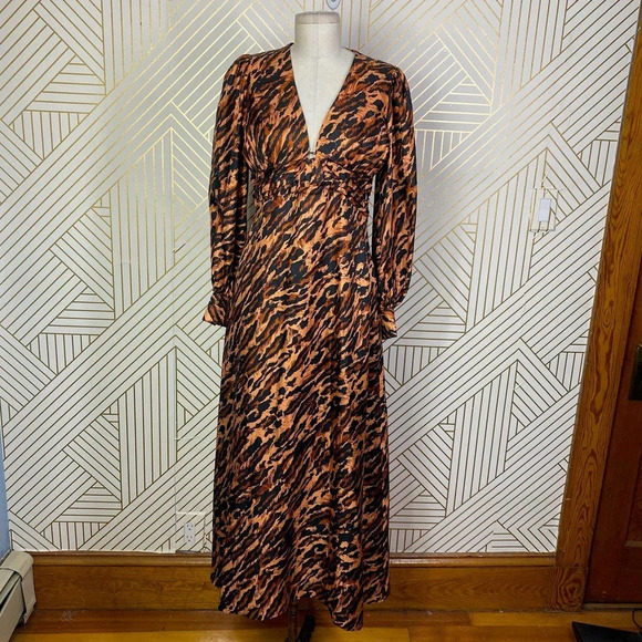 Sandro Leopard Print Silk Twill‎ Maxi Dress Faunie Pintuck 38 US 6 Elegant Chic - Picture 2 of 12